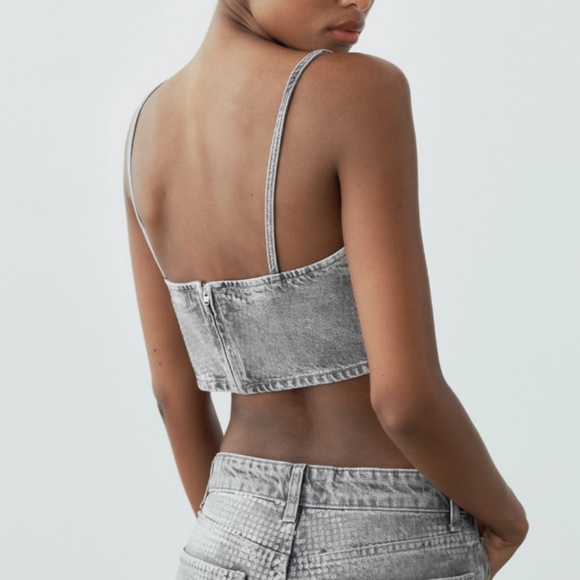 Zara light grey shiny denim crop foil sequin top made in Europe NWT - Picture 11 of 11